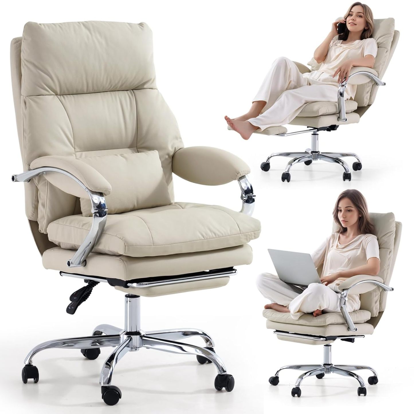 Silla de oficina con reposapiés, silla ejecutiva reclinable con brazos, respaldo alto ergonómico de cuero sintético, cómoda, personalizable.