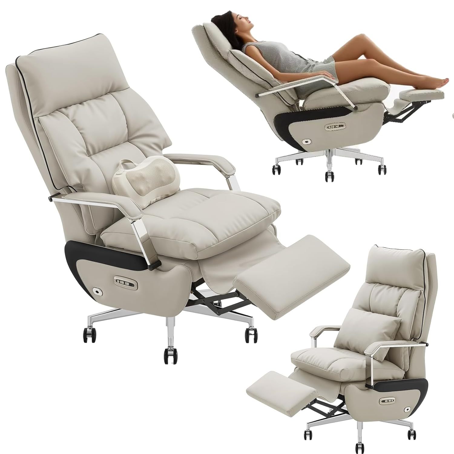 Reclining Office Chair With Footrest - One-Click Electric Recline With Massage & Pillow Support Big An