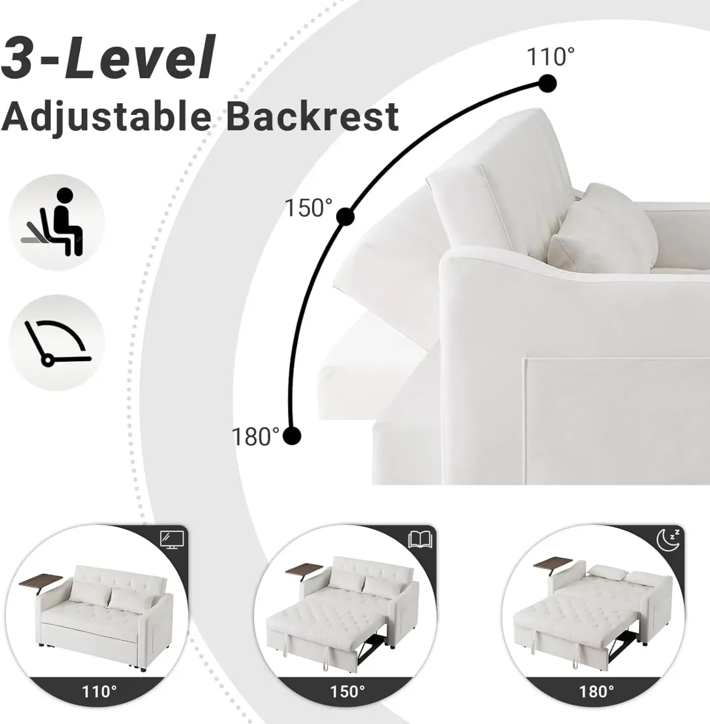 Sofá cama convertible 3 en 1, sofá cama extraíble con respaldo ajustable en 3 niveles