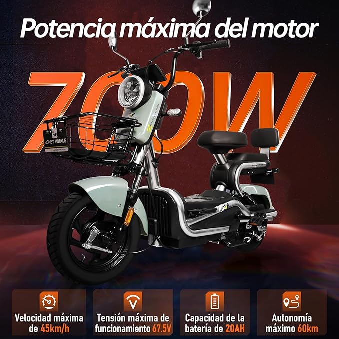 Bicimoto Eléctrica con Alarma, Máxima del Motor 700W, Velocidad Máxima 45KM/H, Autonomía 55-60KM, Baterías de Gran Capacidad 20AH