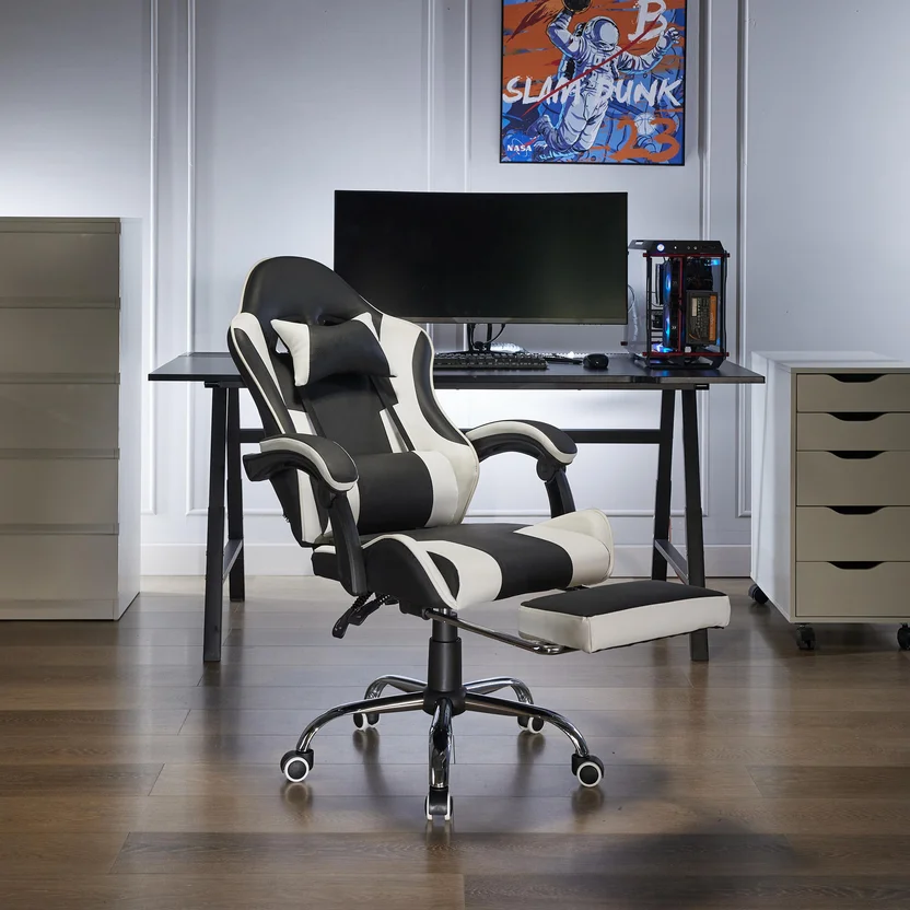 Silla de EscritorioGamer Giratoria Masajeadora Reposapiés 53,5x129x64 cm Blanco/Negro