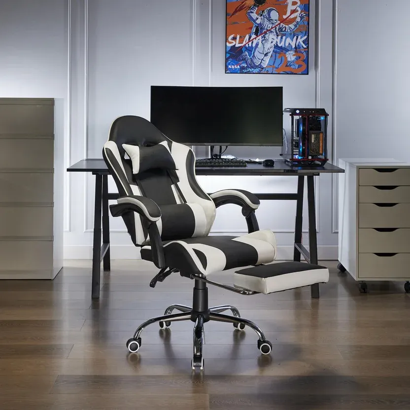 Silla de EscritorioGamer Giratoria Masajeadora Reposapiés 53,5x129x64 cm Blanco/Negro