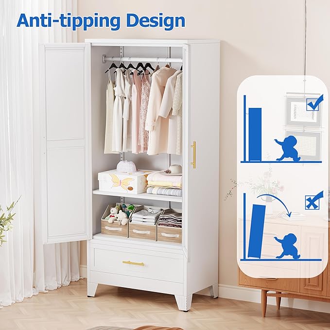 Armario de acero con espejo, clóset de 180 cm con barra para colgar y cajón, gabinete de almacenamiento de ropa de metal con estante ajustable para dormitorio, capa, gimnasio