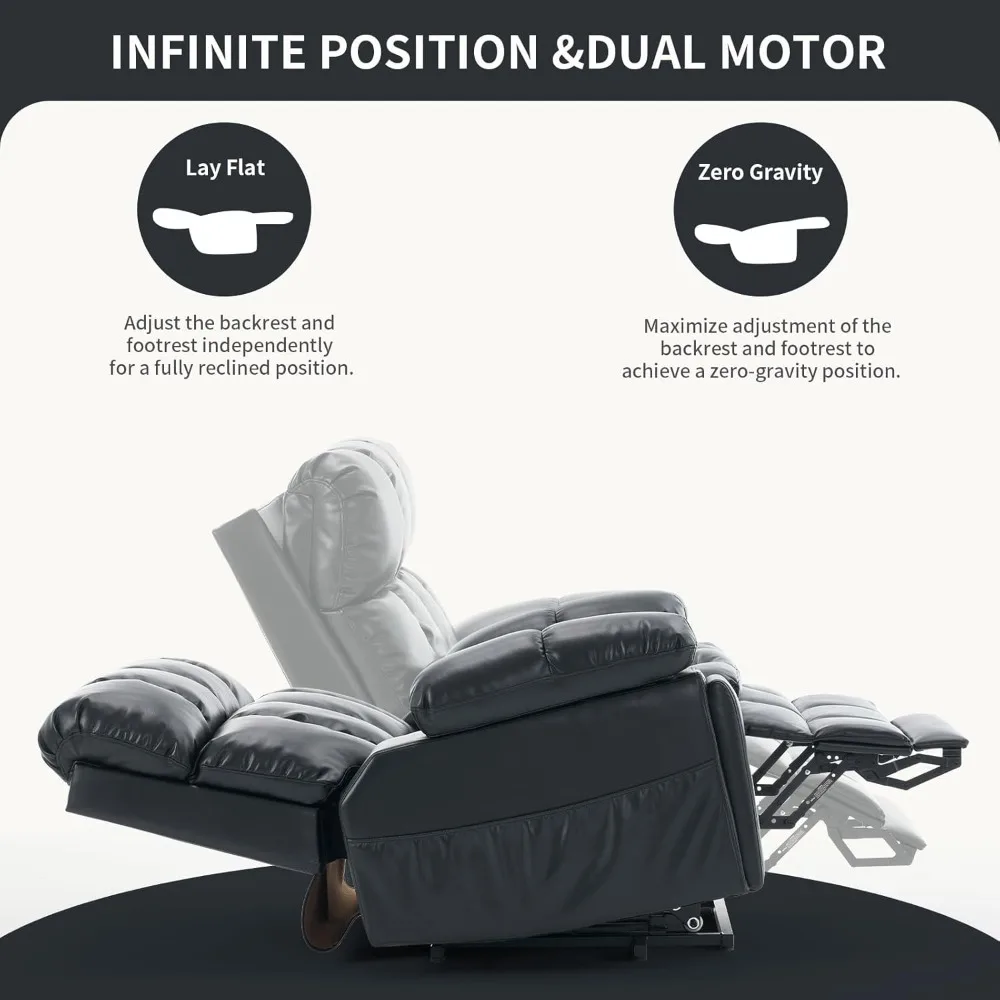 Sillón reclinable eléctrico de gran tamaño con doble motor y reposacabezas ajustable para personas mayores, posicionamiento infinito, reclinable en posición horizontala