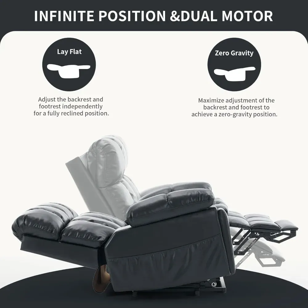 Sillón reclinable eléctrico de gran tamaño con doble motor y reposacabezas ajustable para personas mayores, posicionamiento infinito, reclinable en posición horizontala