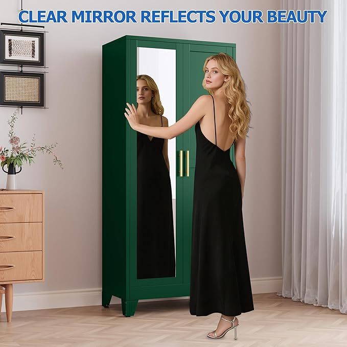 Armario de acero con espejo, clóset de 180 cm con barra para colgar y cajón, gabinete de almacenamiento de ropa de metal con estante ajustable para dormitorio, capa, gimnasio