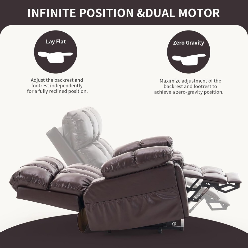 Sillón reclinable eléctrico de gran tamaño con doble motor y reposacabezas ajustable, posiciones infinitas para personas mayores, piel sintética, personalizable.