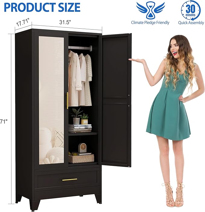 Armario de acero con espejo, clóset de 180 cm con barra para colgar y cajón, gabinete de almacenamiento de ropa de metal con estante ajustable para dormitorio, capa, gimnasio