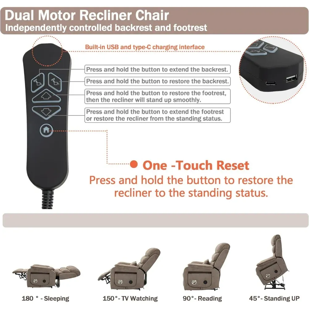 Sillón reclinable eléctrico para adultos mayores, de terciopelo, con calefacción de masaje, reposapiés extendido y carga inalámbrica.