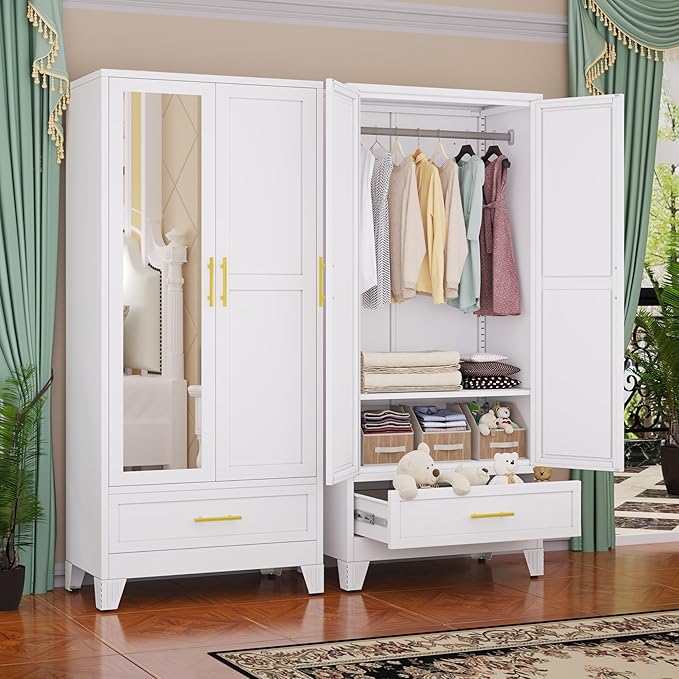 Armario de acero con espejo, clóset de 180 cm con barra para colgar y cajón, gabinete de almacenamiento de ropa de metal con estante ajustable para dormitorio, capa, gimnasio