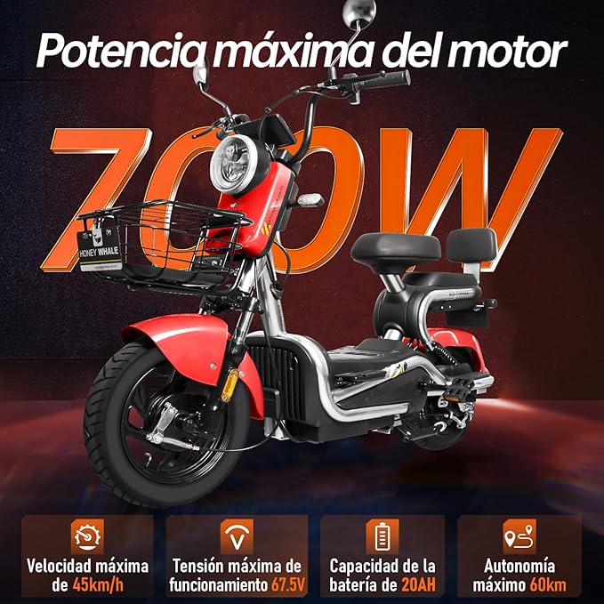 Bicimoto Eléctrica con Alarma, Máxima del Motor 700W, Velocidad Máxima 45KM/H, Autonomía 55-60KM, Baterías de Gran Capacidad 20AH