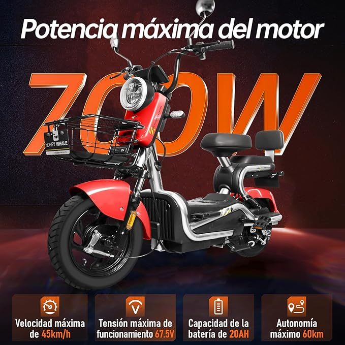 Bicimoto Eléctrica con Alarma, Máxima del Motor 700W, Velocidad Máxima 45KM/H, Autonomía 55-60KM, Baterías de Gran Capacidad 20AH