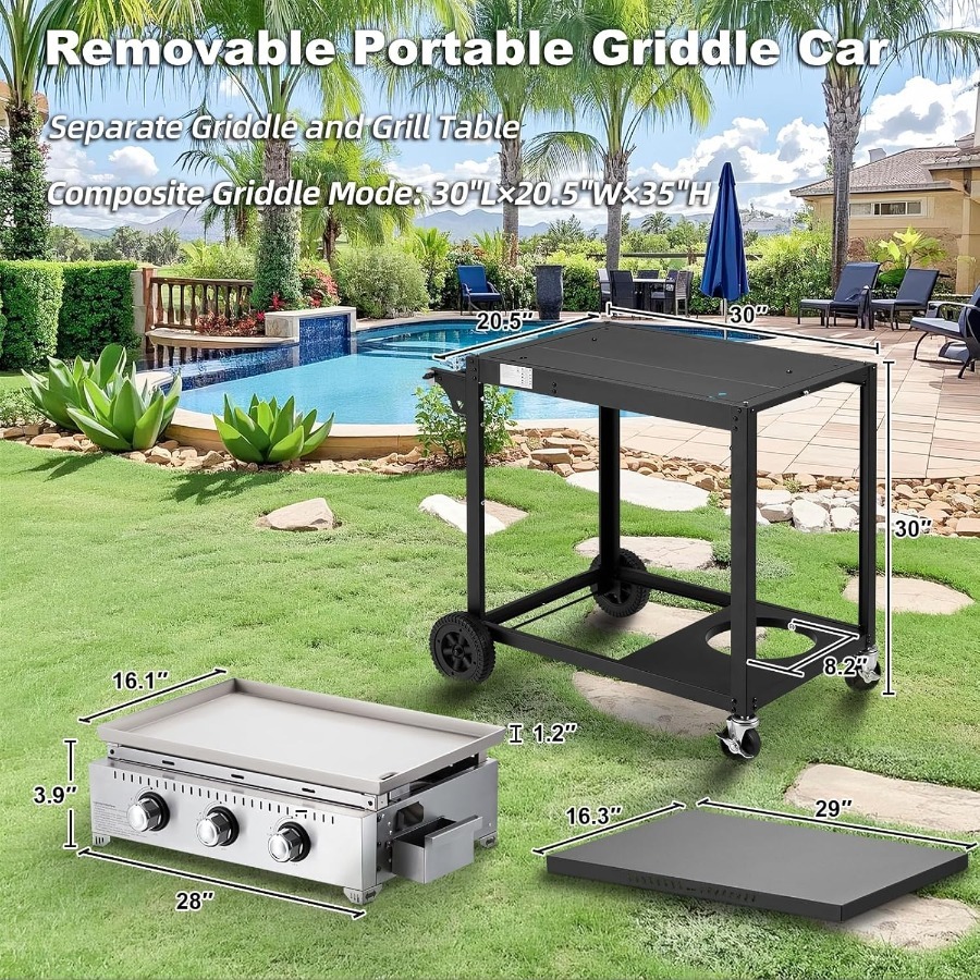 Plancha de gas para exteriores de 3 quemadores y 30000 BTU con tapa, plancha plana portátil de 28 pulgadas, parrilla de hierro fundido resistente en color negro con botella