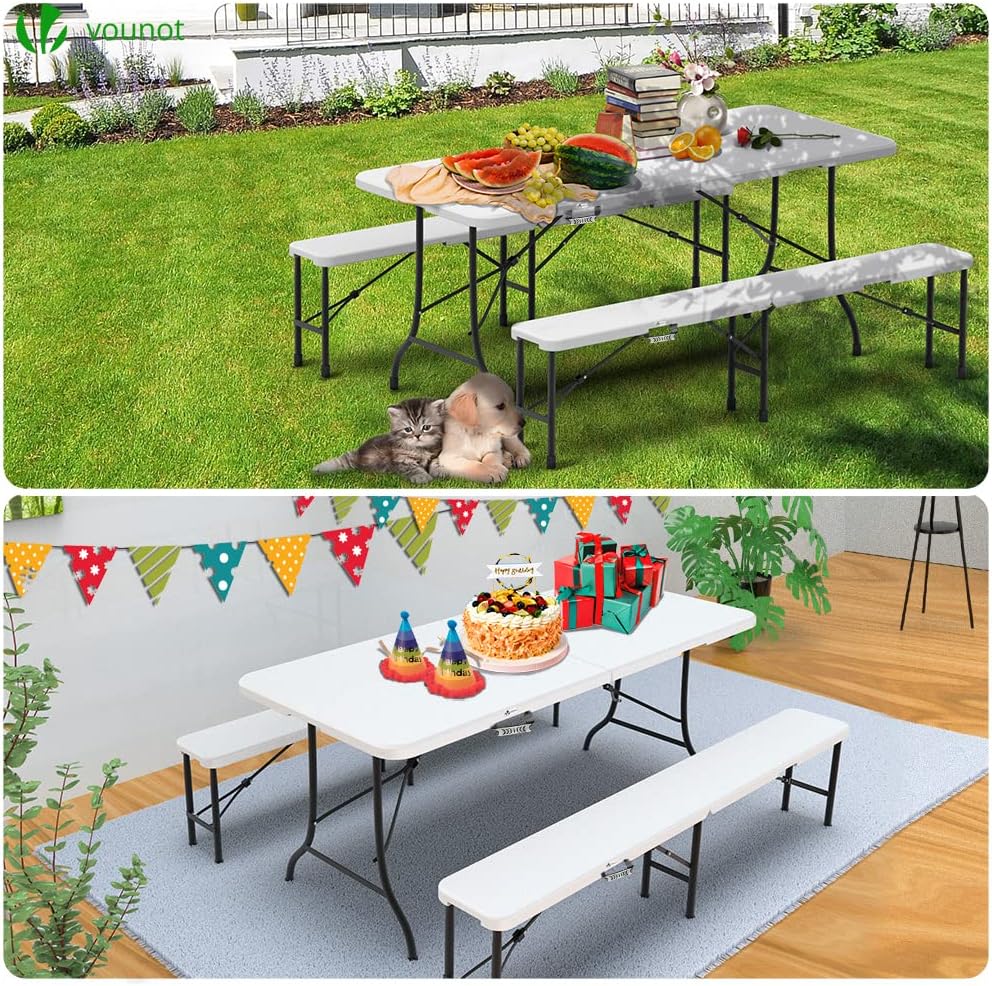 Mesa plegable portátil informal y 2 bancos de 180 cm, conjunto de muebles de jardín para exterior, adecuado para picnic, camping, barbacoa, color blanco
