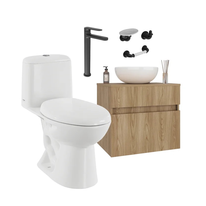 Combo Sanitario Cima, Mueble Palermo 60 Cm Fresno + Lavamanos Spazio Griferia Mate Black + Accesorios Negros