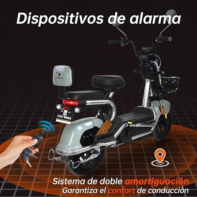 Bicimoto Eléctrica con Alarma, Máxima del Motor 700W, Velocidad Máxima 45KM/H, Autonomía 55-60KM, Baterías de Gran Capacidad 20AH