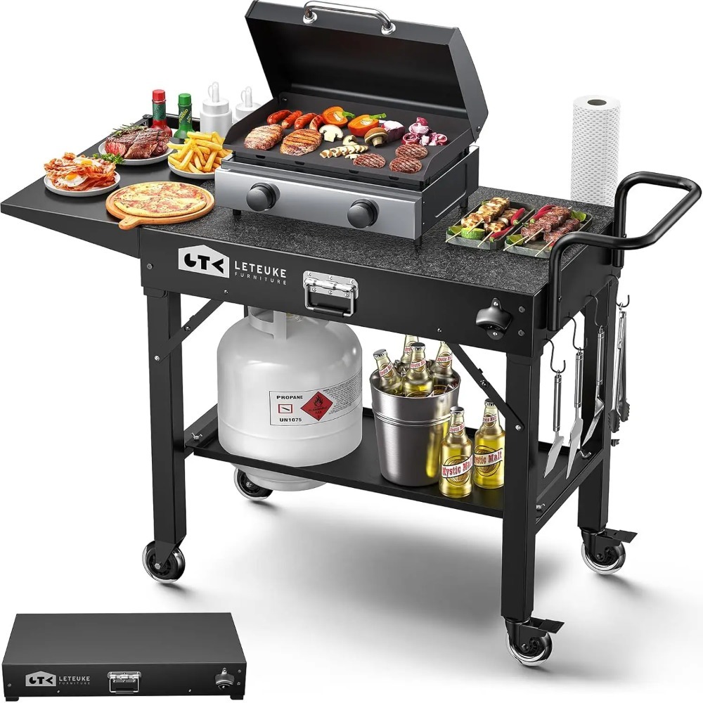 Carrito de parrilla portátil para exteriores con ruedas, mesa plegable para planchas de 17 a 22 pulgadas, estación de preparación de barbacoa con bandeja para condimentos