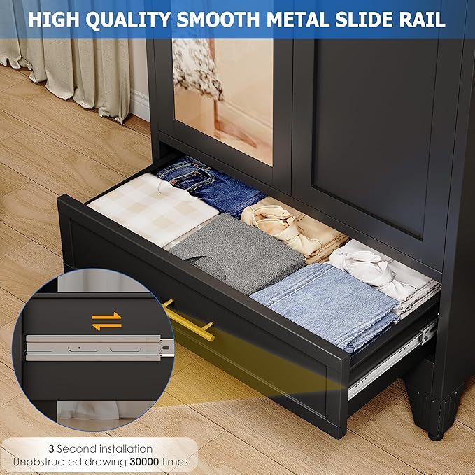 Armario de acero con espejo, clóset de 180 cm con barra para colgar y cajón, gabinete de almacenamiento de ropa de metal con estante ajustable para dormitorio, capa, gimnasio