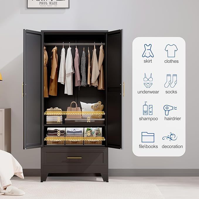 Armario de acero con espejo, clóset de 180 cm con barra para colgar y cajón, gabinete de almacenamiento de ropa de metal con estante ajustable para dormitorio, capa, gimnasio