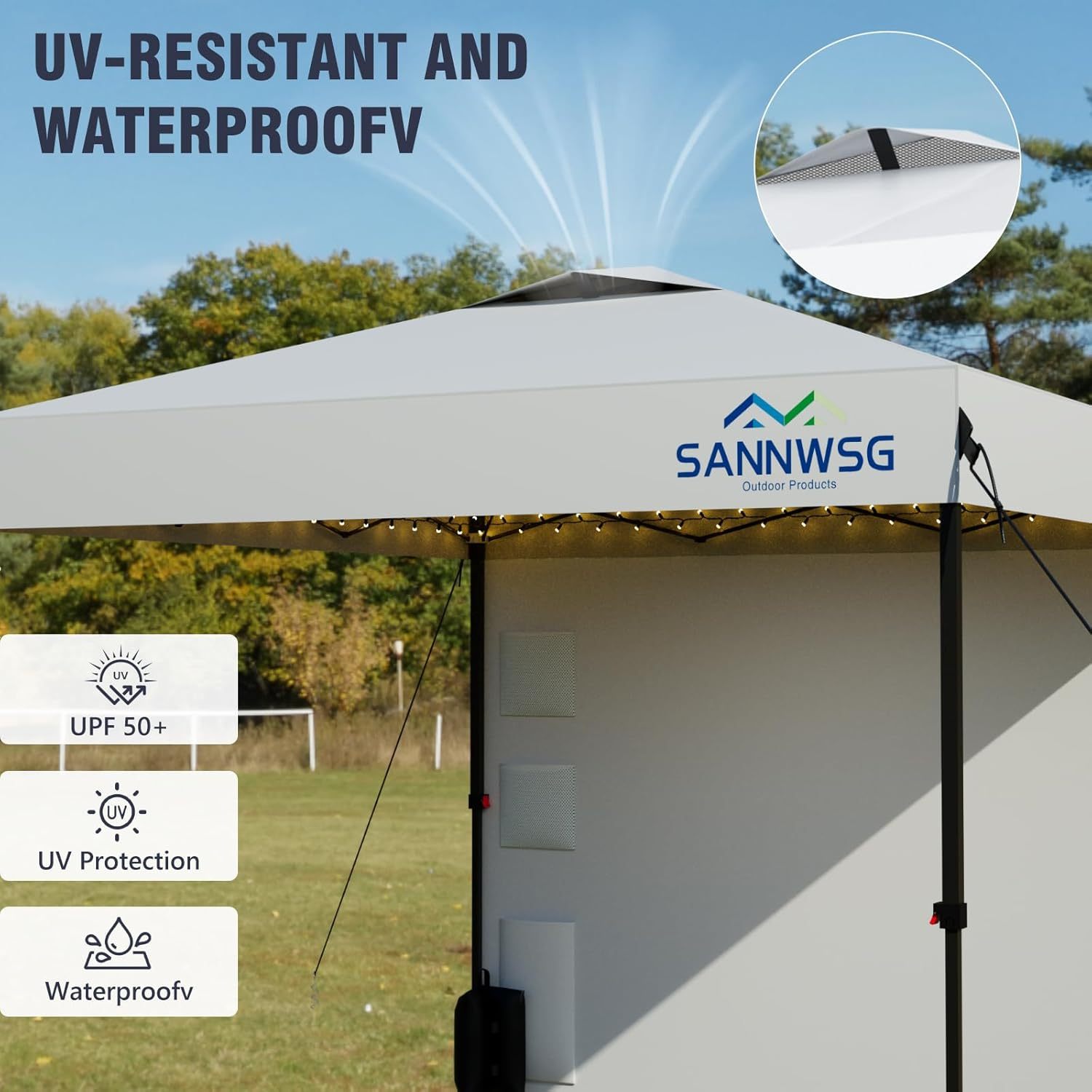 Carpa plegable de 8x8 con paredes laterales desmontables, fácil de instalar para eventos al aire libre y campamentos.