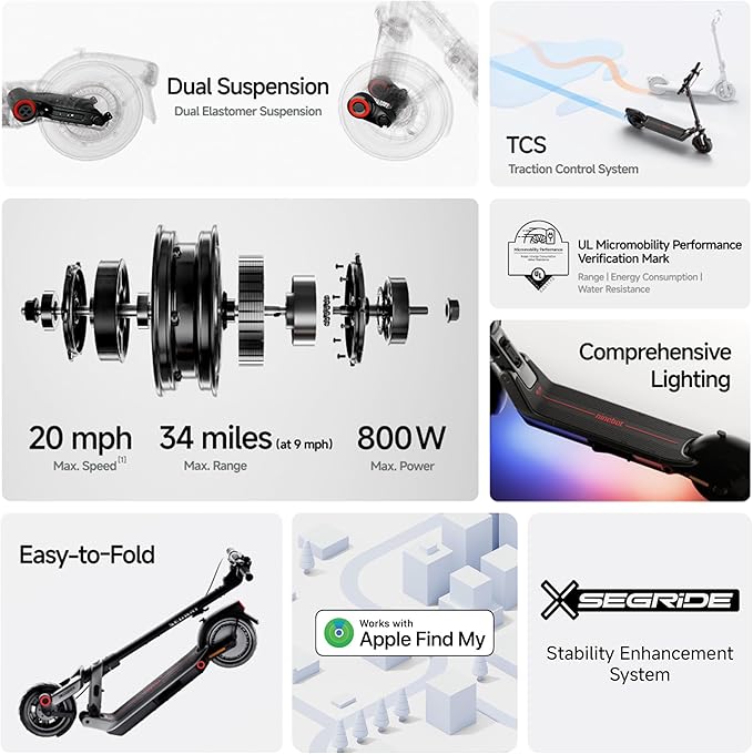Scooter Eléctrico Plegable, Motor 800W Potencia Máxima, Autonomía de hasta 55Km, Velocidad Máxima de 30Km/h, Resistente a Salpicaduras IPX5, Compatible con App Negro