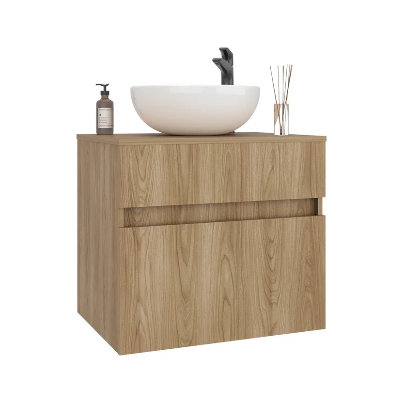 Combo Sanitario Cima, Mueble Palermo 60 Cm Fresno + Lavamanos Spazio Griferia Mate Black + Accesorios Negros