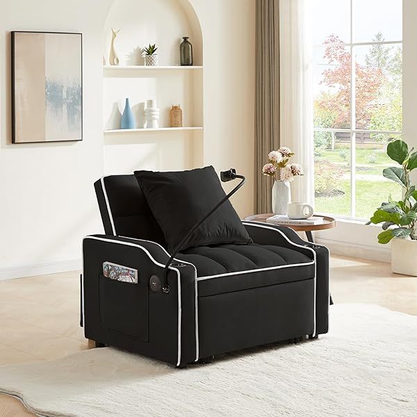 Sofá cama extraíble 3 en 1, sillón convertible individual, sofá cama de terciopelo para invitados, futón decorativo, sillón ajustable con USB, portavasos, soporte para teléfono, bolsillos laterales y almohada lumbar