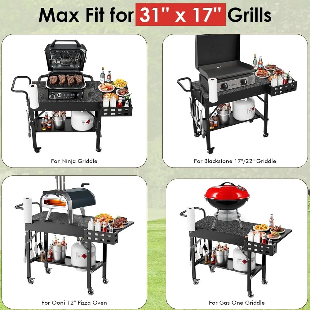 Carrito de parrilla portátil para exteriores con ruedas, mesa plegable para planchas de 17 a 22 pulgadas, estación de preparación de barbacoa con bandeja para condimentos