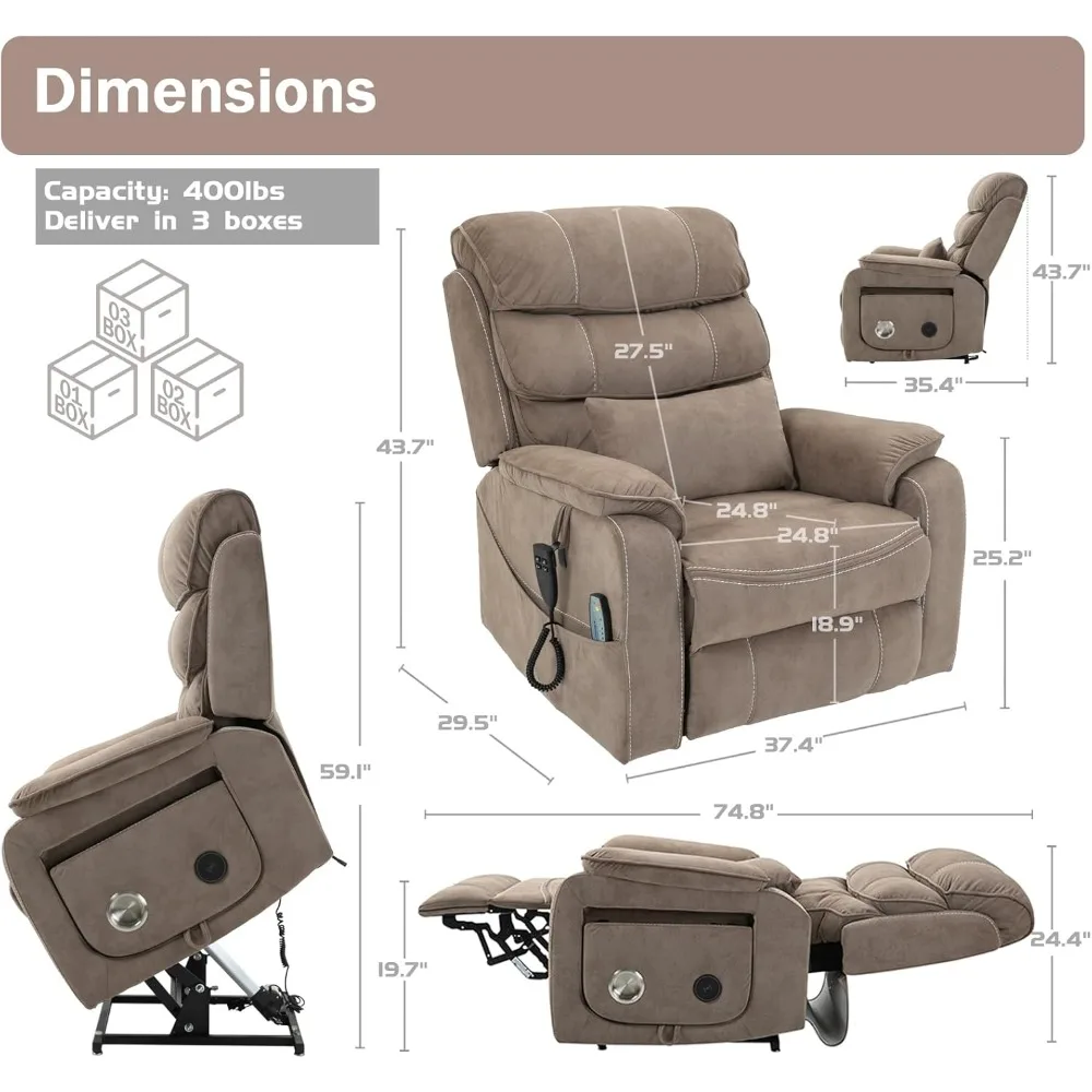 Sillón reclinable eléctrico para adultos mayores, de terciopelo, con calefacción de masaje, reposapiés extendido y carga inalámbrica.