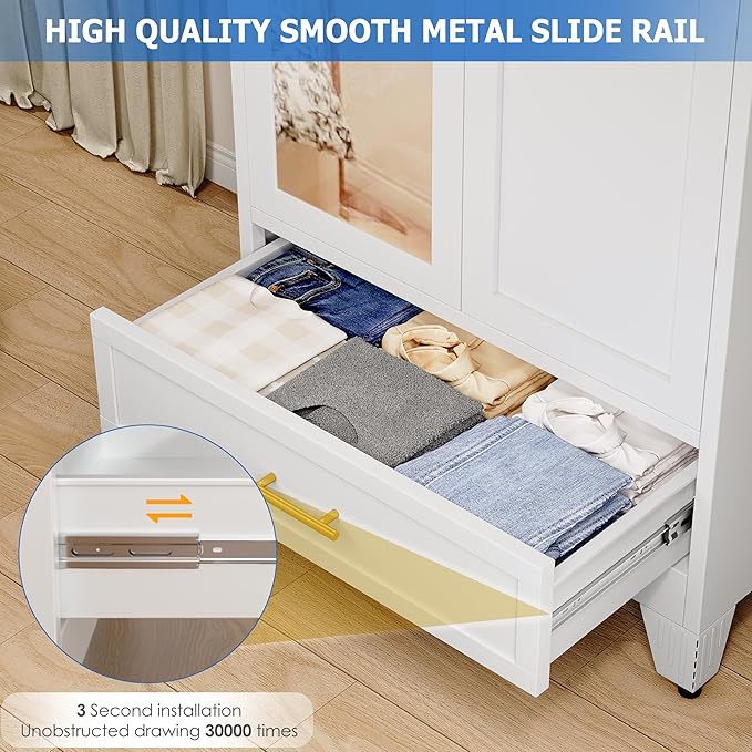 Armario de acero con espejo, clóset de 180 cm con barra para colgar y cajón, gabinete de almacenamiento de ropa de metal con estante ajustable para dormitorio, capa, gimnasio