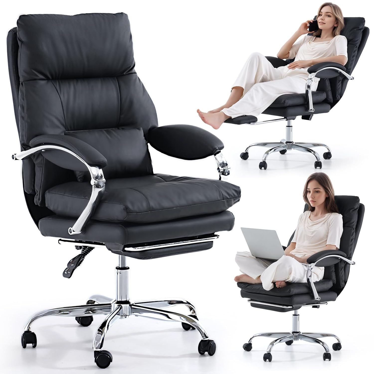Silla de oficina con reposapiés, silla ejecutiva reclinable con brazos, respaldo alto ergonómico de cuero sintético, cómoda, personalizable.