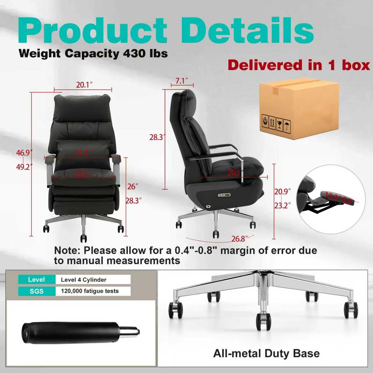 Silla de oficina reclinable con reposapiés - Reclinación eléctrica con un solo clic, masaje y soporte de almohada