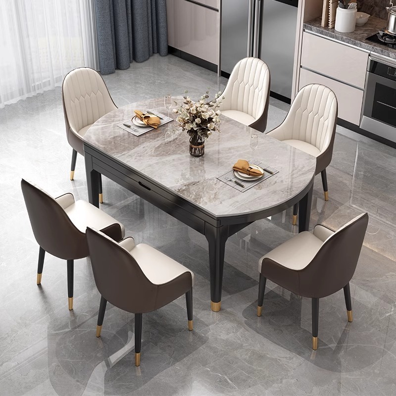 Luxury Modern Extendable Foldable Round Marble Solid Wood Dining Table Chair Set 4 6 8 Seater Classic Kitchen Furniture Designs