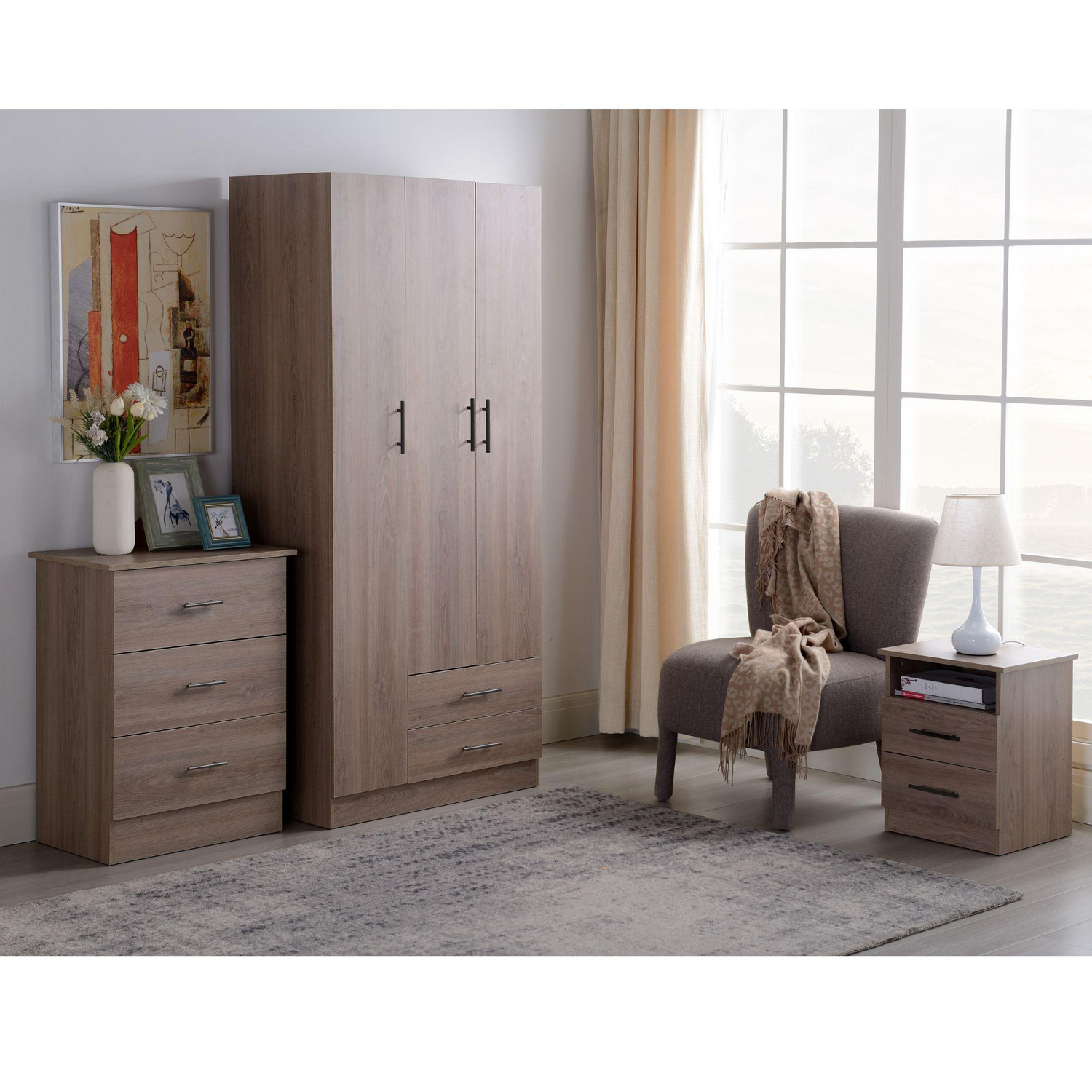 Combo Ropero 3 Puertas 2 Cajones + Cómoda 3 Cajones + Velador 2 Cajones