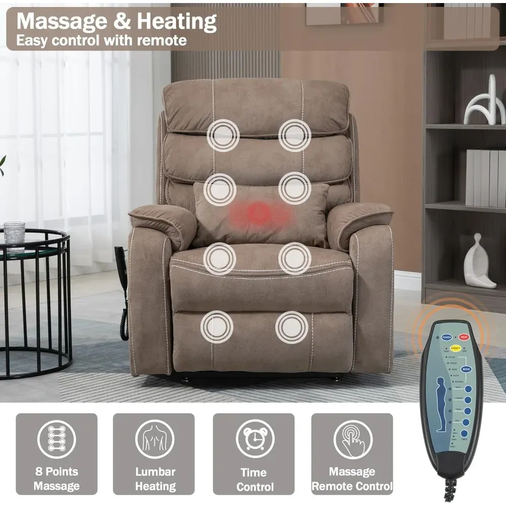 Sillón reclinable eléctrico para adultos mayores, de terciopelo, con calefacción de masaje, reposapiés extendido y carga inalámbrica.