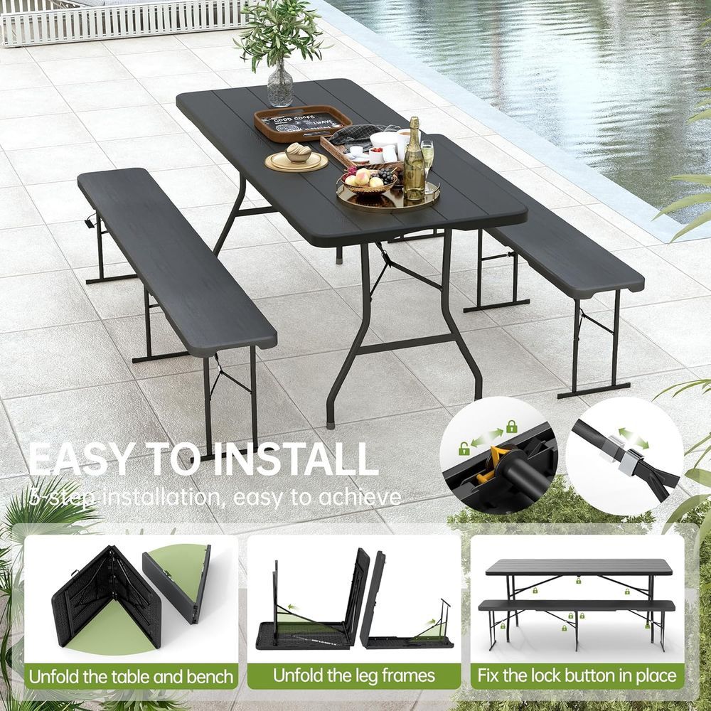 Mesa de picnic de 6' con 2 bancos, 3 piezas, mesa de camping plegable portátil de HDPE con veta de madera negra y bancos para patio, jardín,