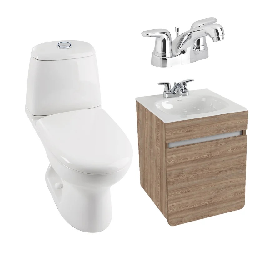 Combo Renueva: Sanitario Ecoclean Alongado Blanco De 2 Piezas + Mueble Aluvia Miel Elevado 45 Cm Con Lavamanos + Grifería Aluvia 4 Pulgadas Corona