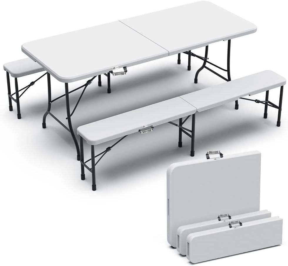 Mesa plegable portátil informal y 2 bancos de 180 cm, conjunto de muebles de jardín para exterior, adecuado para picnic, camping, barbacoa, color blanco