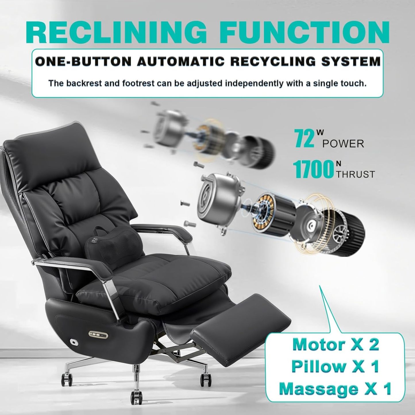 Silla de oficina reclinable con reposapiés - Reclinación eléctrica con un solo clic, masaje y soporte de almohada