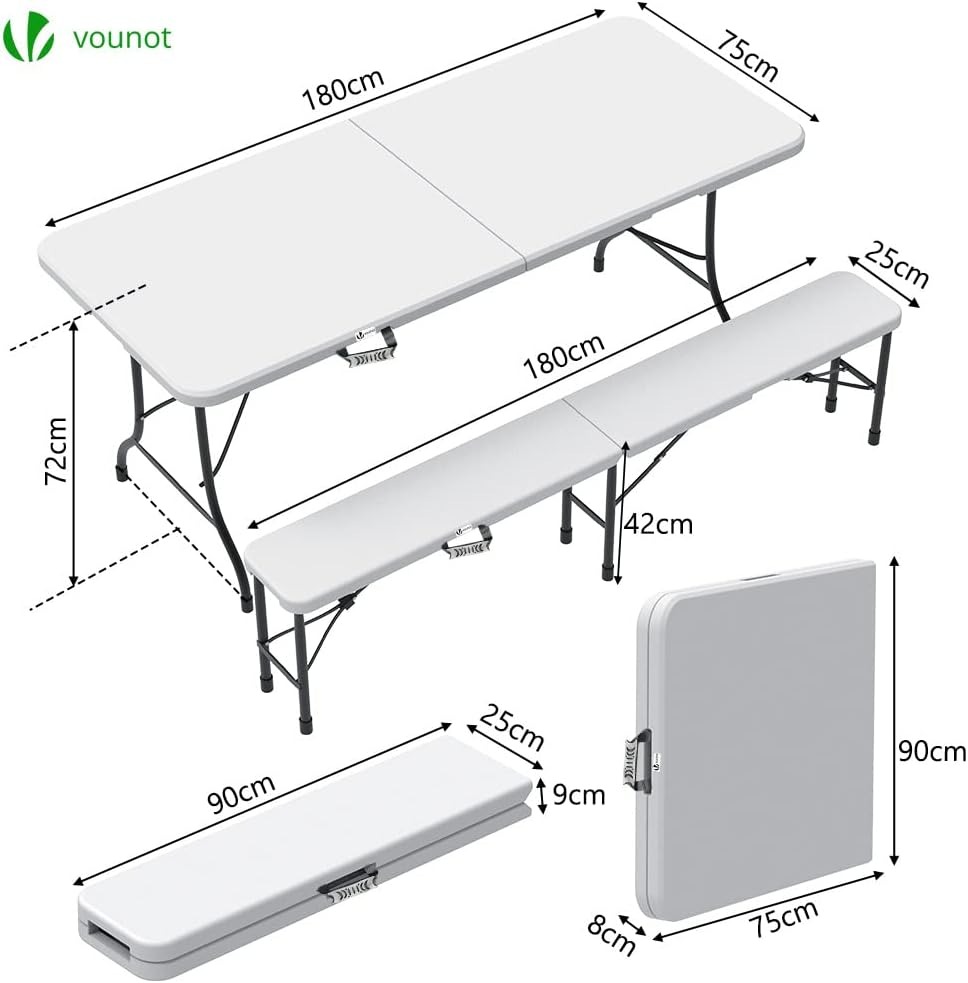 Mesa plegable portátil informal y 2 bancos de 180 cm, conjunto de muebles de jardín para exterior, adecuado para picnic, camping, barbacoa, color blanco