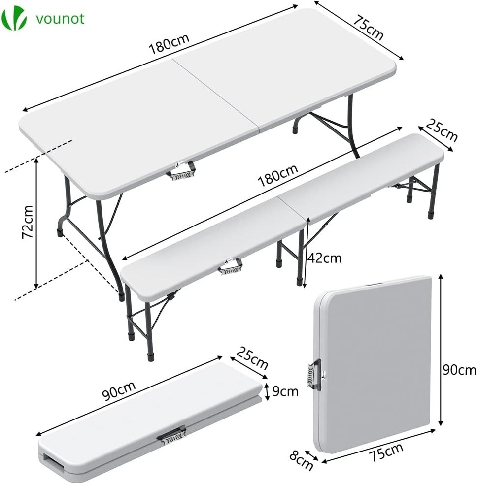 Mesa plegable portátil informal y 2 bancos de 180 cm, conjunto de muebles de jardín para exterior, adecuado para picnic, camping, barbacoa, color blanco