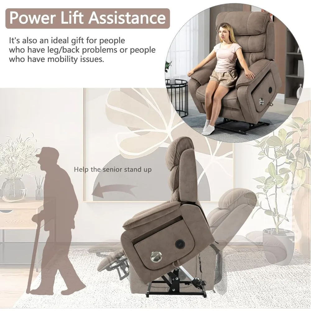 Sillón reclinable eléctrico para adultos mayores, de terciopelo, con calefacción de masaje, reposapiés extendido y carga inalámbrica.