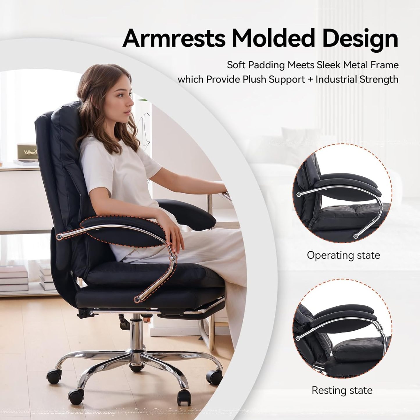 Silla de oficina con reposapiés, silla ejecutiva reclinable con brazos, respaldo alto ergonómico de cuero sintético, cómoda, personalizable.