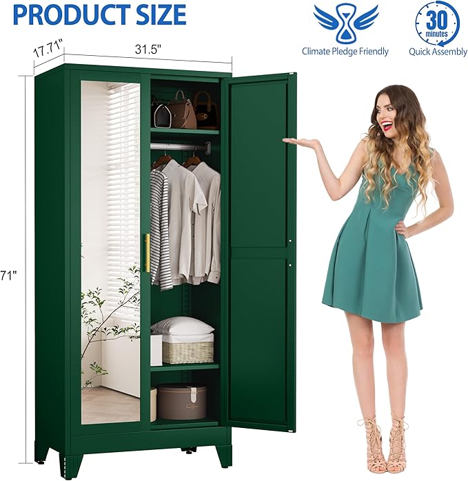 Armario de acero con espejo, clóset de 180 cm con barra para colgar y cajón, gabinete de almacenamiento de ropa de metal con estante ajustable para dormitorio, capa, gimnasio