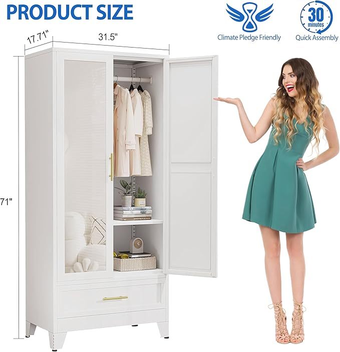 Armario de acero con espejo, clóset de 180 cm con barra para colgar y cajón, gabinete de almacenamiento de ropa de metal con estante ajustable para dormitorio, capa, gimnasio
