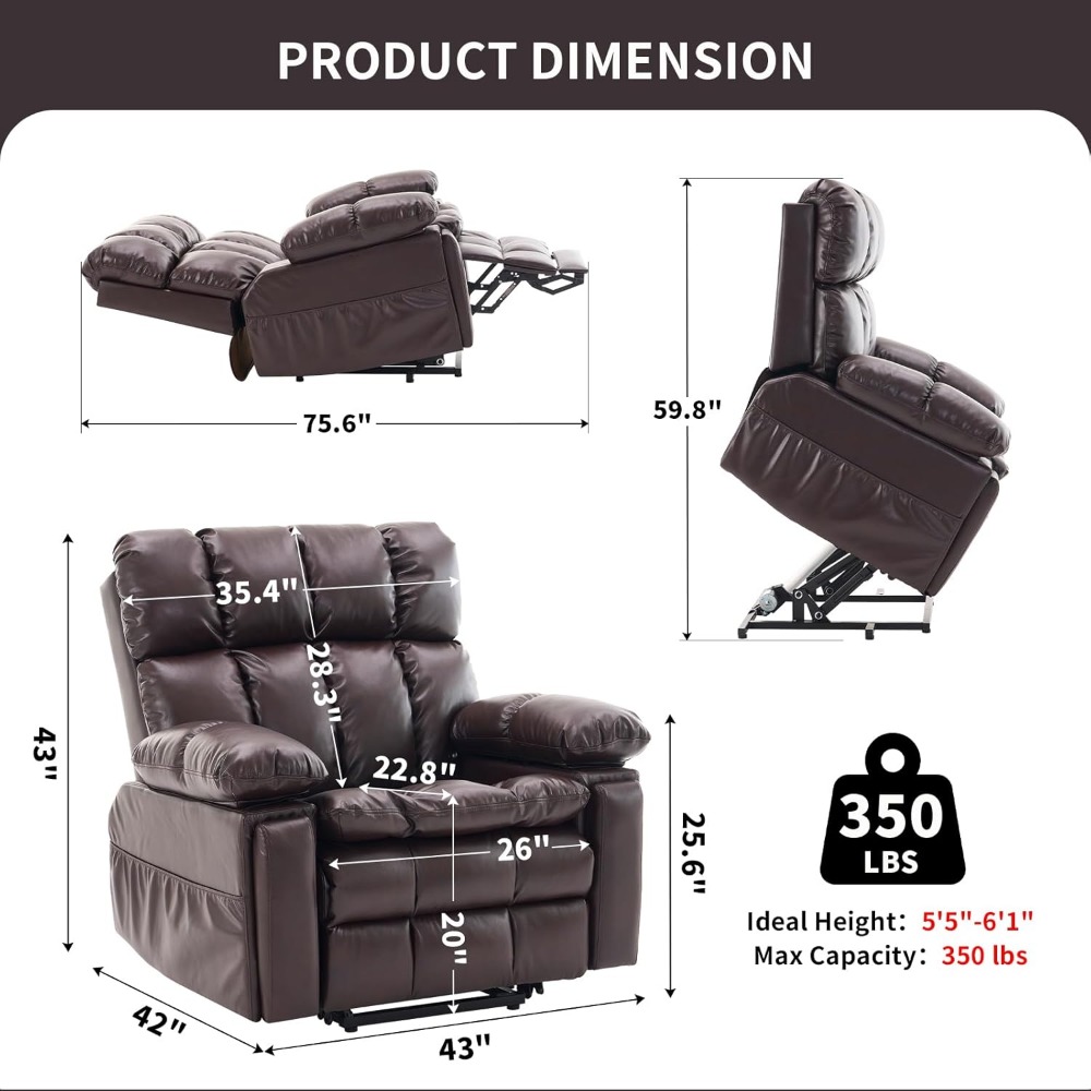 Sillón reclinable eléctrico de gran tamaño con doble motor y reposacabezas ajustable, posiciones infinitas para personas mayores, piel sintética, personalizable.