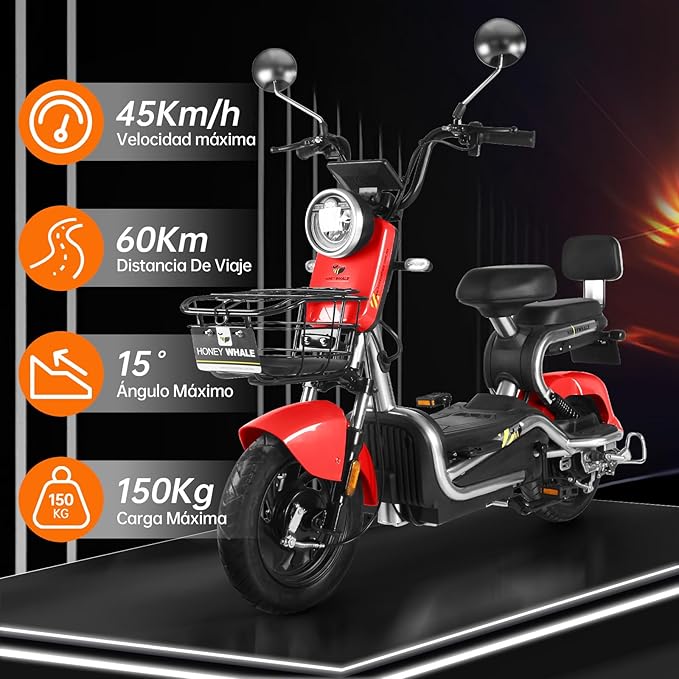 Bicimoto Eléctrica con Alarma, Máxima del Motor 700W, Velocidad Máxima 45KM/H, Autonomía 55-60KM, Baterías de Gran Capacidad 20AH