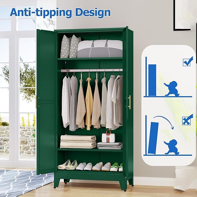 Armario de acero con espejo, clóset de 180 cm con barra para colgar y cajón, gabinete de almacenamiento de ropa de metal con estante ajustable para dormitorio, capa, gimnasio