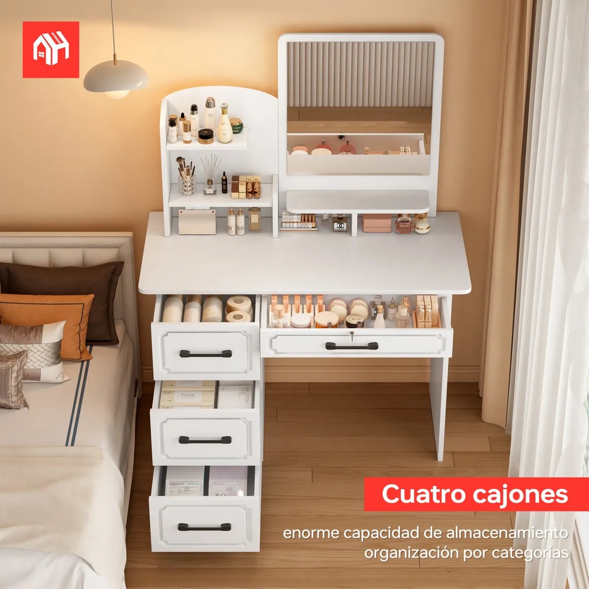 Tocador Para Dormitorio Con Cajones Espejo Cuadrado Pupitre