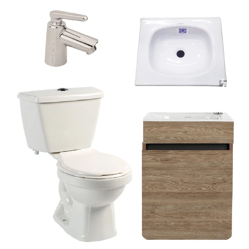 Combo De Baño Tao : Sanitario Tao Redondo de 2 piezas  + Mueble Aluvia Miel 40 cm + Griferia Lavamanos Nogal Sensi Dacqua